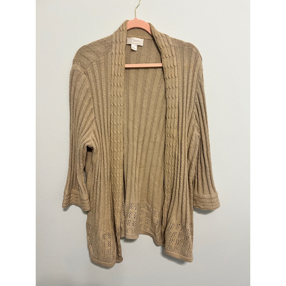 CJ Banks Tan Cotton Cable Knit Open Front Cardigan 3/4 Sleeve Plus 1X 06134-4134